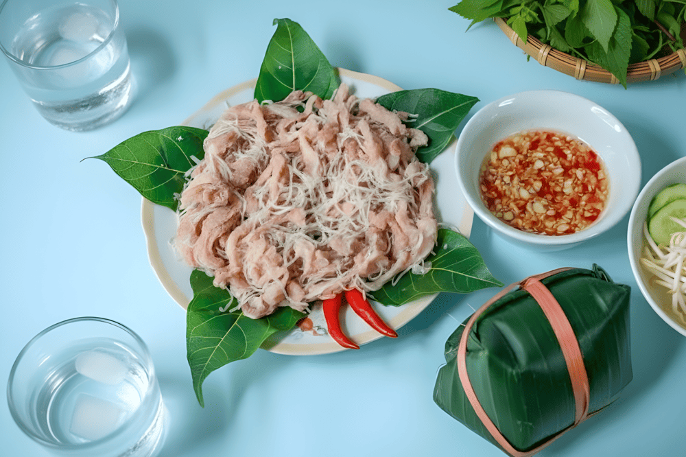 Phần nem được làm từ thịt nạc mông vừa mổ, còn ấm nóng, đã lọc mỡ, thái mỏng, dập nhỏ rồi mới trộn với bì lợn và thính, muối